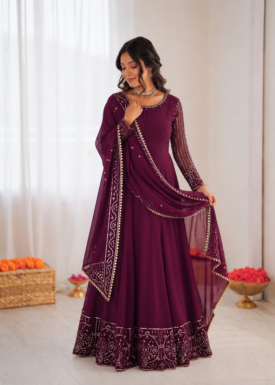 Prazu Fashion Wine Georgette Thread With Sequence Designer Anarkali Suit - Dista