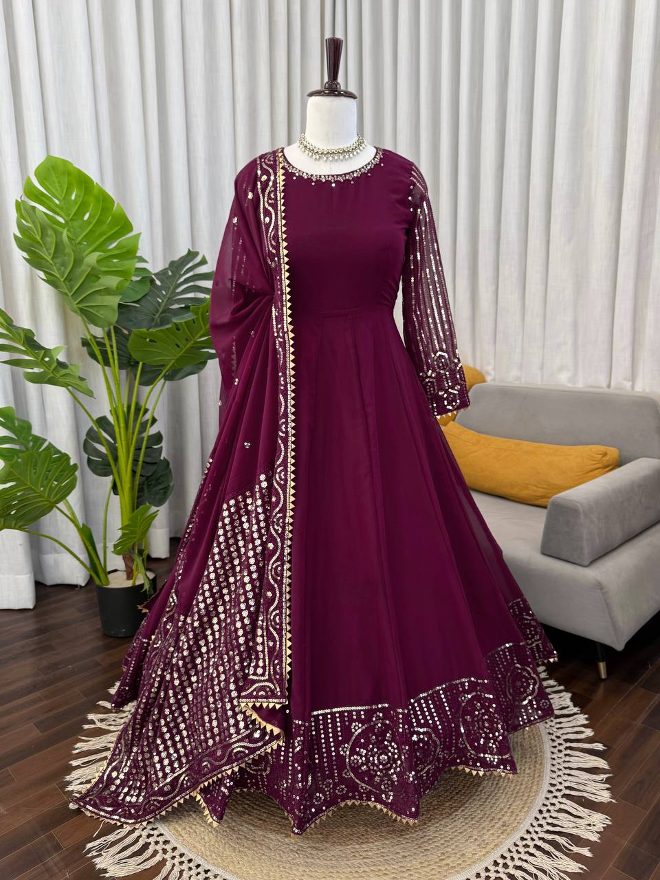 Prazu Fashion Wine Georgette Thread With Sequence Designer Anarkali Suit - Dista