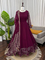 Thumbnail for Prazu Fashion Wine Georgette Thread With Sequence Designer Anarkali Suit - Dista