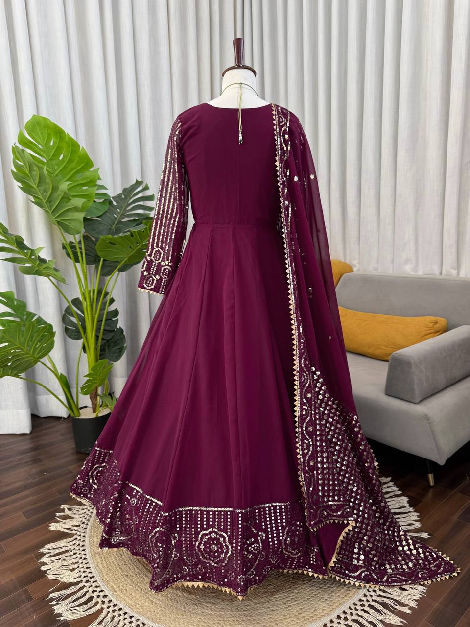Prazu Fashion Wine Georgette Thread With Sequence Designer Anarkali Suit - Dista
