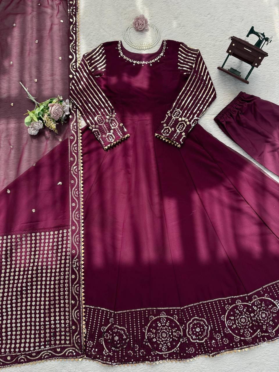 Prazu Fashion Wine Georgette Thread With Sequence Designer Anarkali Suit - Dista