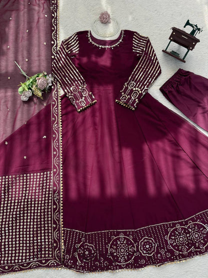Prazu Fashion Wine Georgette Thread With Sequence Designer Anarkali Suit - Dista
