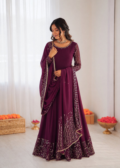 Prazu Fashion Wine Georgette Thread With Sequence Designer Anarkali Suit - Dista