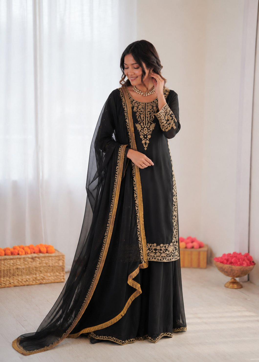 Prazu Fashion Black Georgette Thread With Sequence Designer Palazzo Suit - Dista