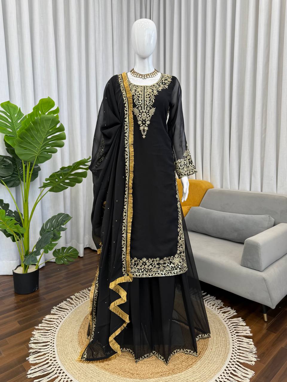 Prazu Fashion Black Georgette Thread With Sequence Designer Palazzo Suit - Dista