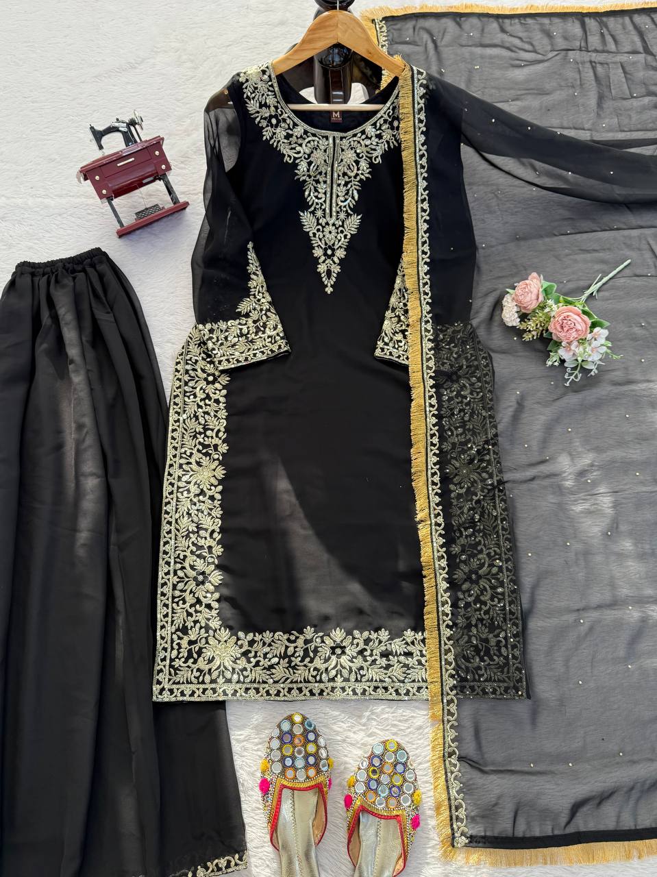 Prazu Fashion Black Georgette Thread With Sequence Designer Palazzo Suit - Dista