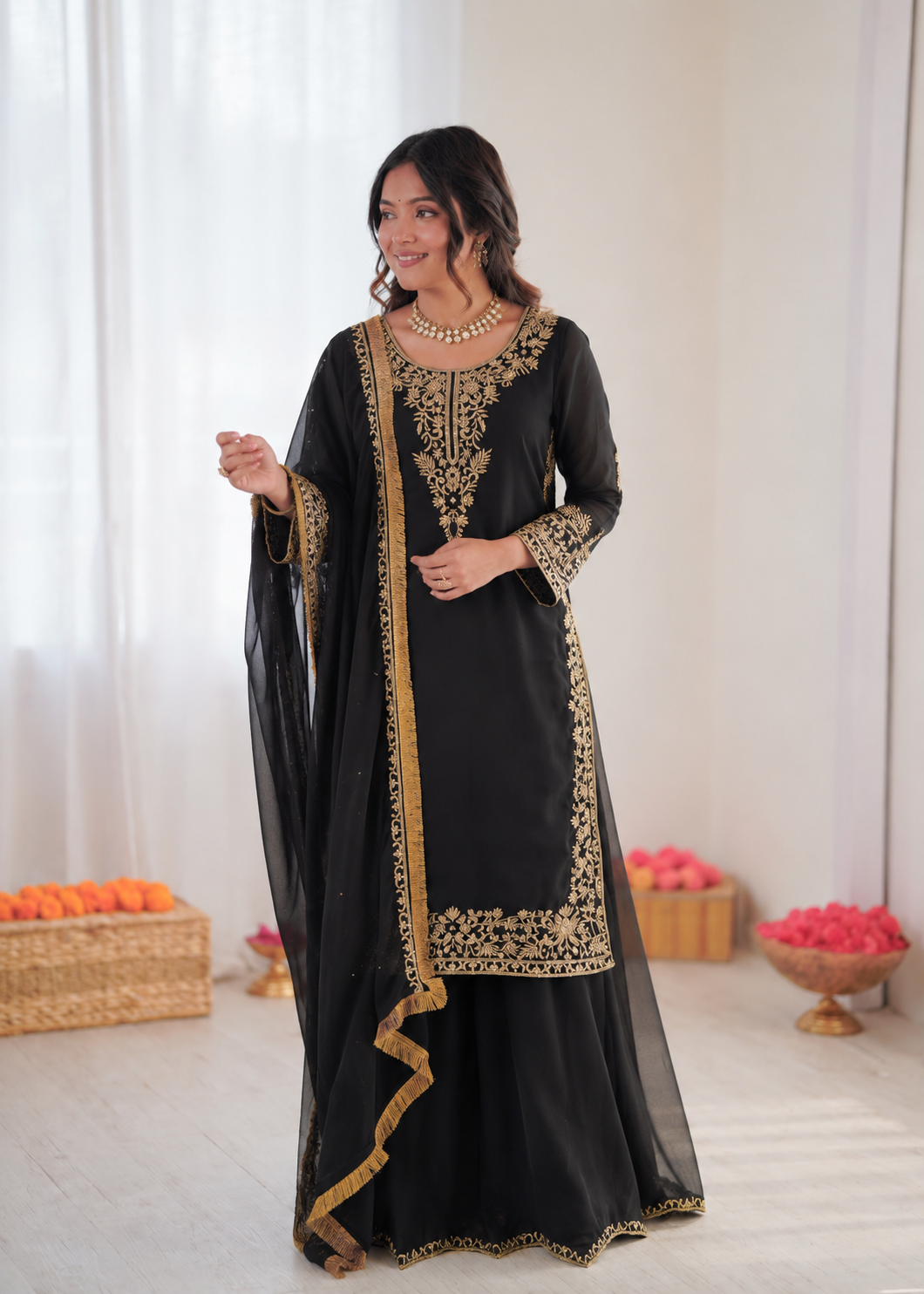 Prazu Fashion Black Georgette Thread With Sequence Designer Palazzo Suit - Dista