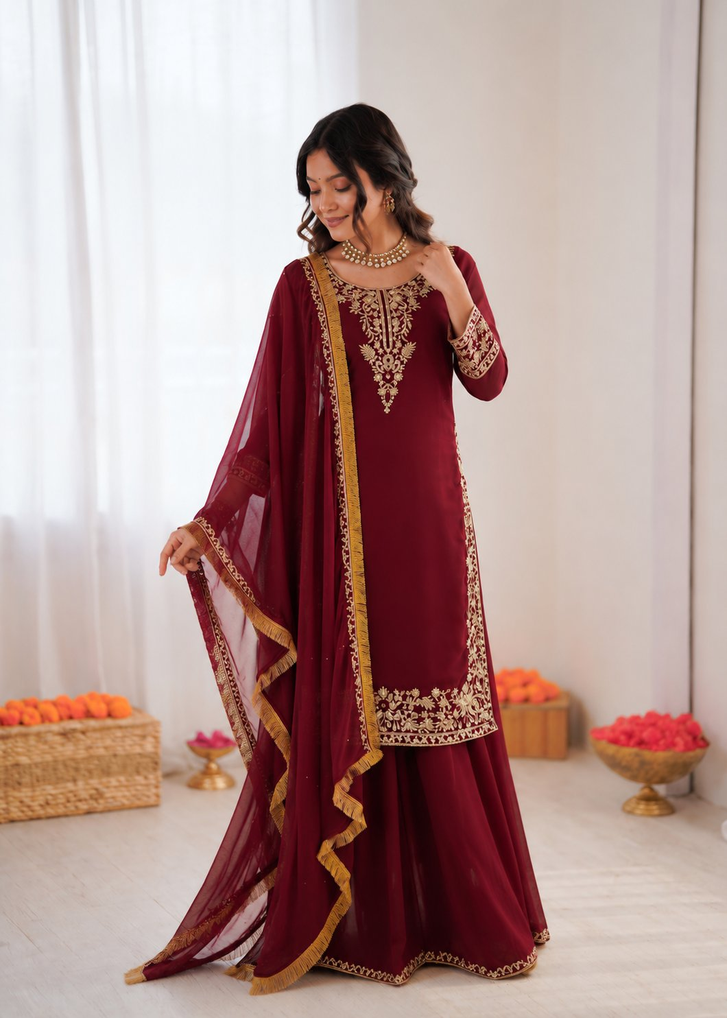 Prazu Fashion Maroon Georgette Thread With Sequence Designer Palazzo Suit - Dista
