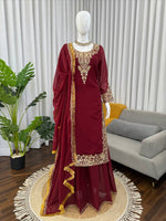 Thumbnail for Prazu Fashion Maroon Georgette Thread With Sequence Designer Palazzo Suit - Dista