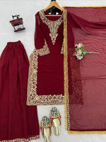 Thumbnail for Prazu Fashion Maroon Georgette Thread With Sequence Designer Palazzo Suit - Dista