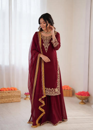 Prazu Fashion Maroon Georgette Thread With Sequence Designer Palazzo Suit - Dista