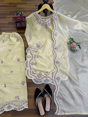 Prazu Fashion Cream Art Sillk Thead Work Designer Palazzo Suit - Dista