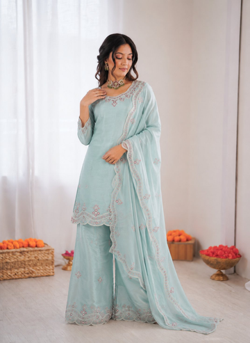 Prazu Fashion Light Sky Blue Art Sillk Thead Work Designer Palazzo Suit - Dista