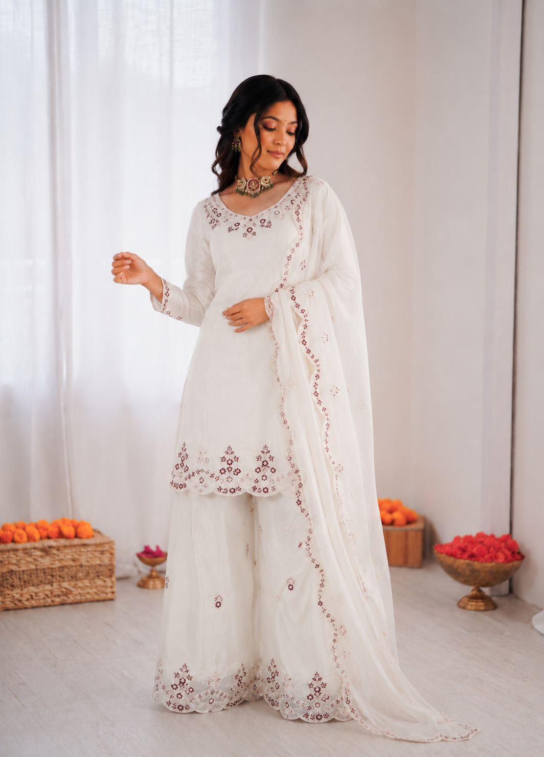 Prazu Fashion Off White Art Sillk Thead Work Designer Palazzo Suit - Dista