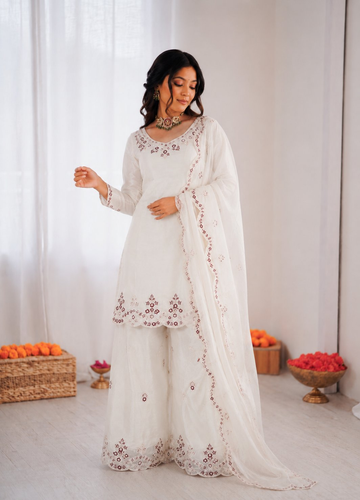Prazu Fashion Off White Art Sillk Thead Work Designer Palazzo Suit - Dista