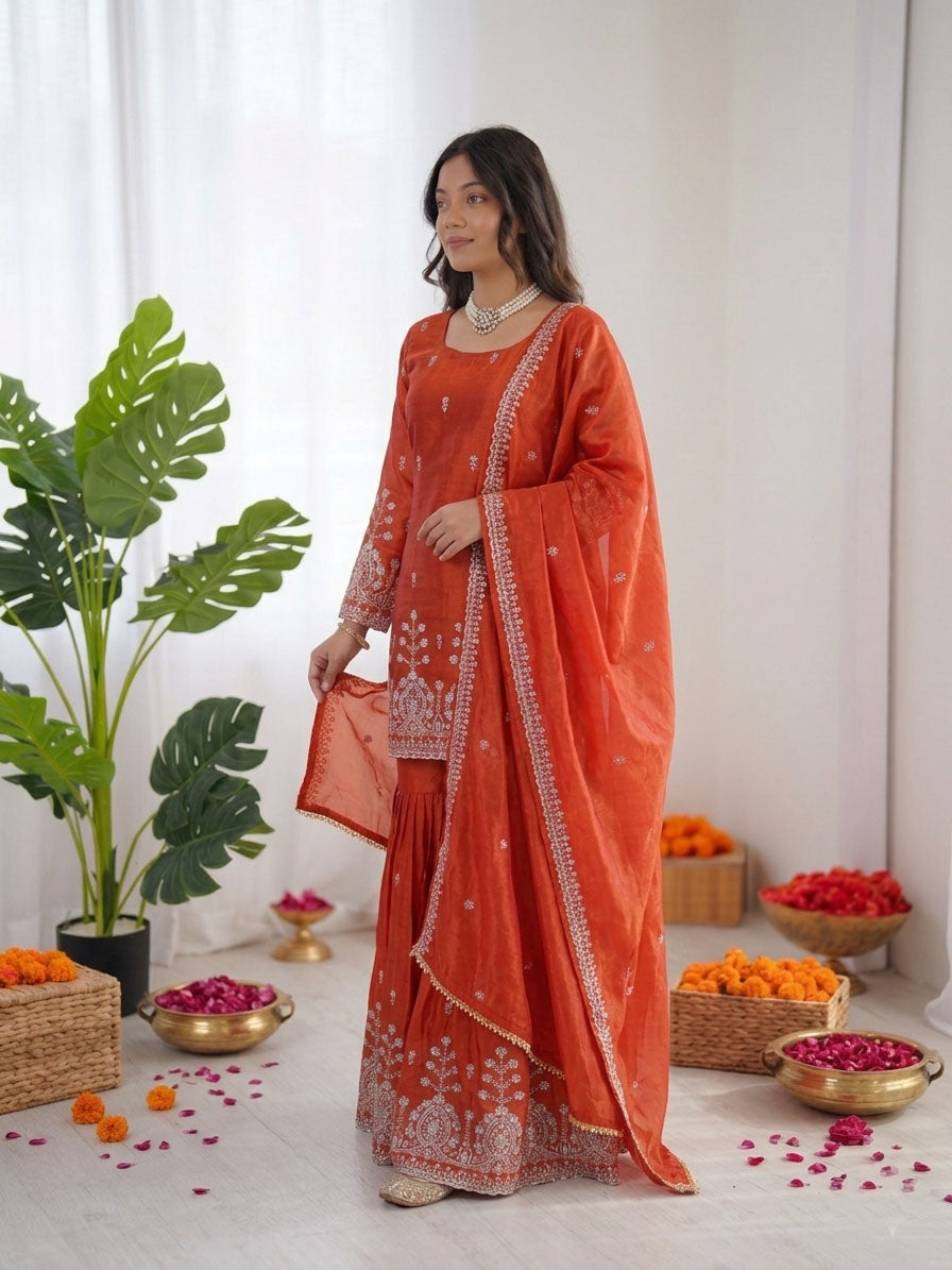 Prazu Fashion Rust Orange Art Silk Thread With Sequence Designer Sharara Suit - Dista