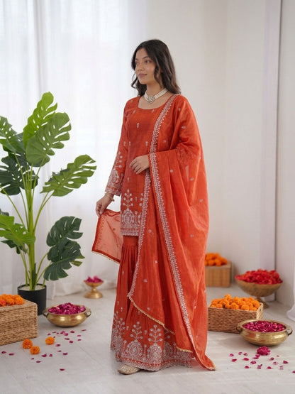 Prazu Fashion Rust Orange Art Silk Thread With Sequence Designer Sharara Suit - Dista