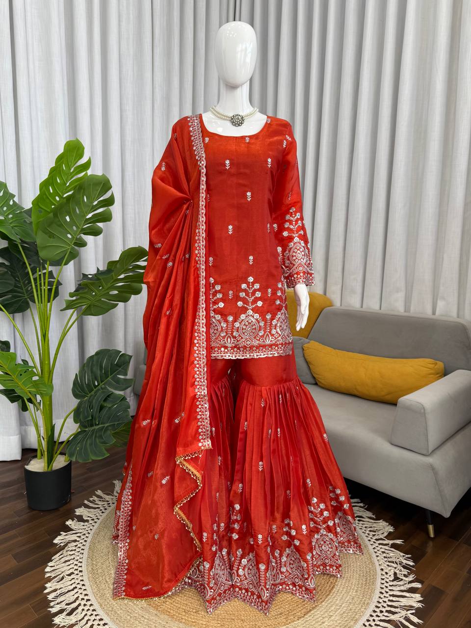 Prazu Fashion Rust Orange Art Silk Thread With Sequence Designer Sharara Suit - Dista