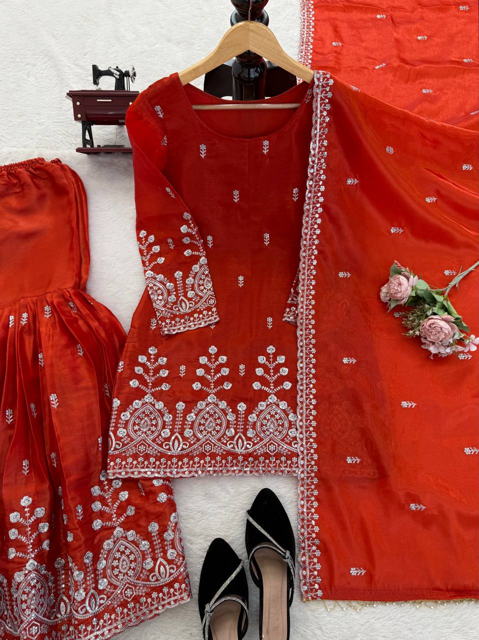 Prazu Fashion Rust Orange Art Silk Thread With Sequence Designer Sharara Suit - Dista