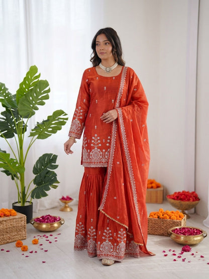 Prazu Fashion Rust Orange Art Silk Thread With Sequence Designer Sharara Suit - Dista