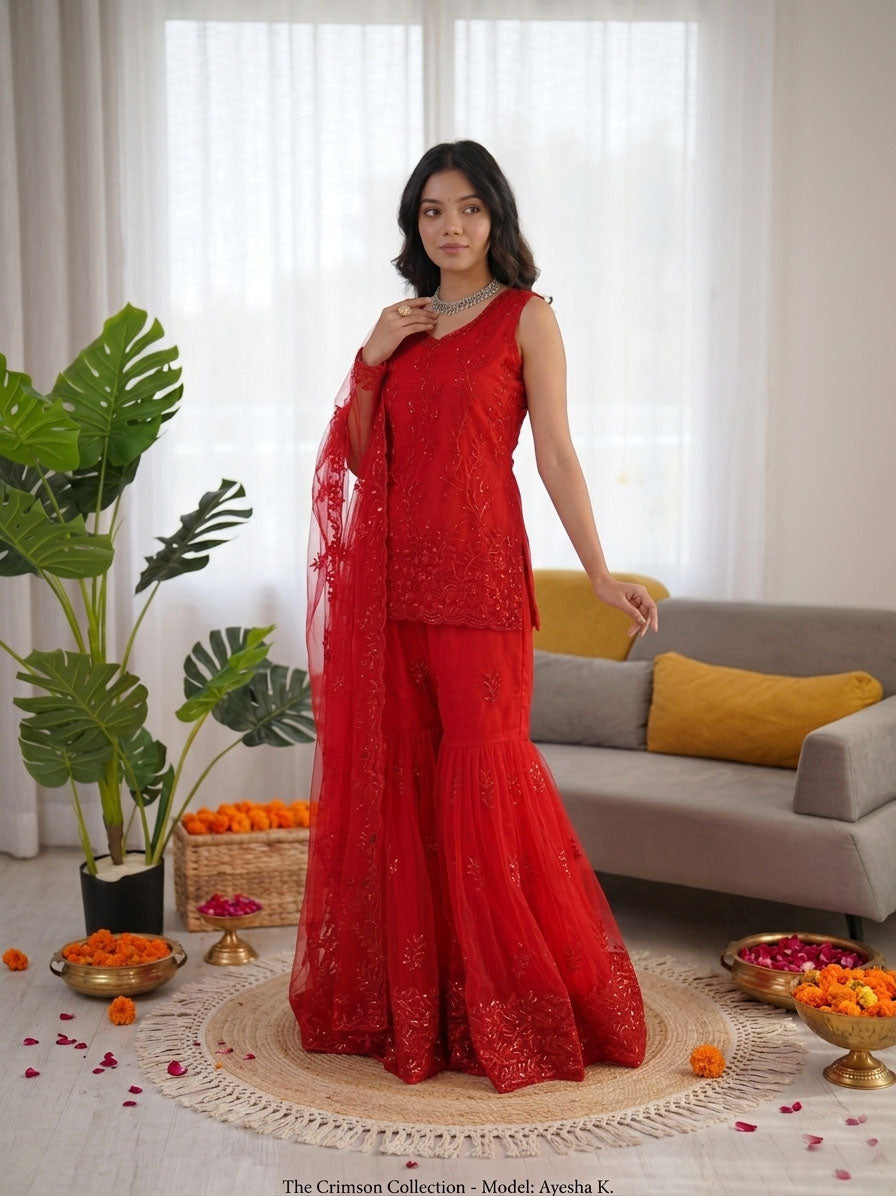 Prazu Fashion Red Net Thread With Sequence Designer Sharara Suit - Dista
