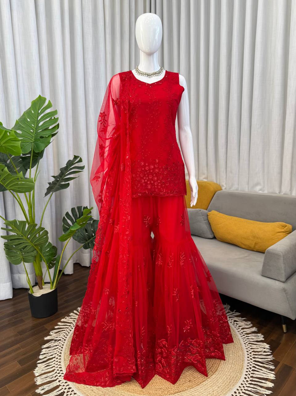 Prazu Fashion Red Net Thread With Sequence Designer Sharara Suit - Dista