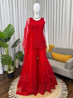Thumbnail for Prazu Fashion Red Net Thread With Sequence Designer Sharara Suit - Dista
