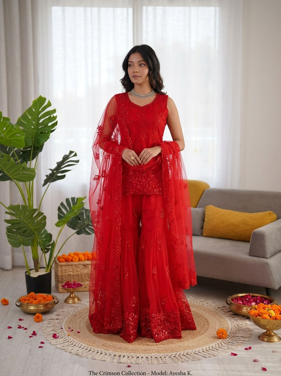 Prazu Fashion Red Net Thread With Sequence Designer Sharara Suit - Dista