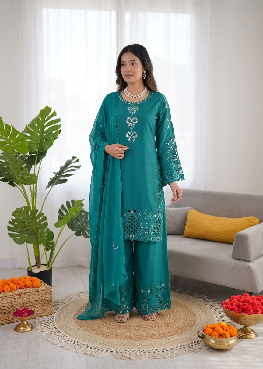 Prazu Fashion Teal Crepe Silk Thread Work Designer Salwar Suit - Dista