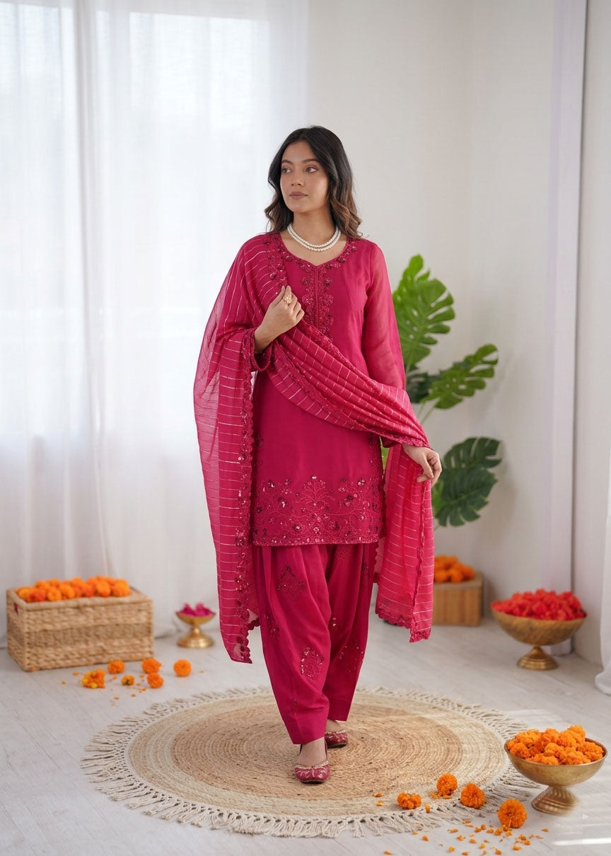 Prazu Fashion Pink Mull Chanderi Thread With Sequence Farshi Palazzo Suit - Dista