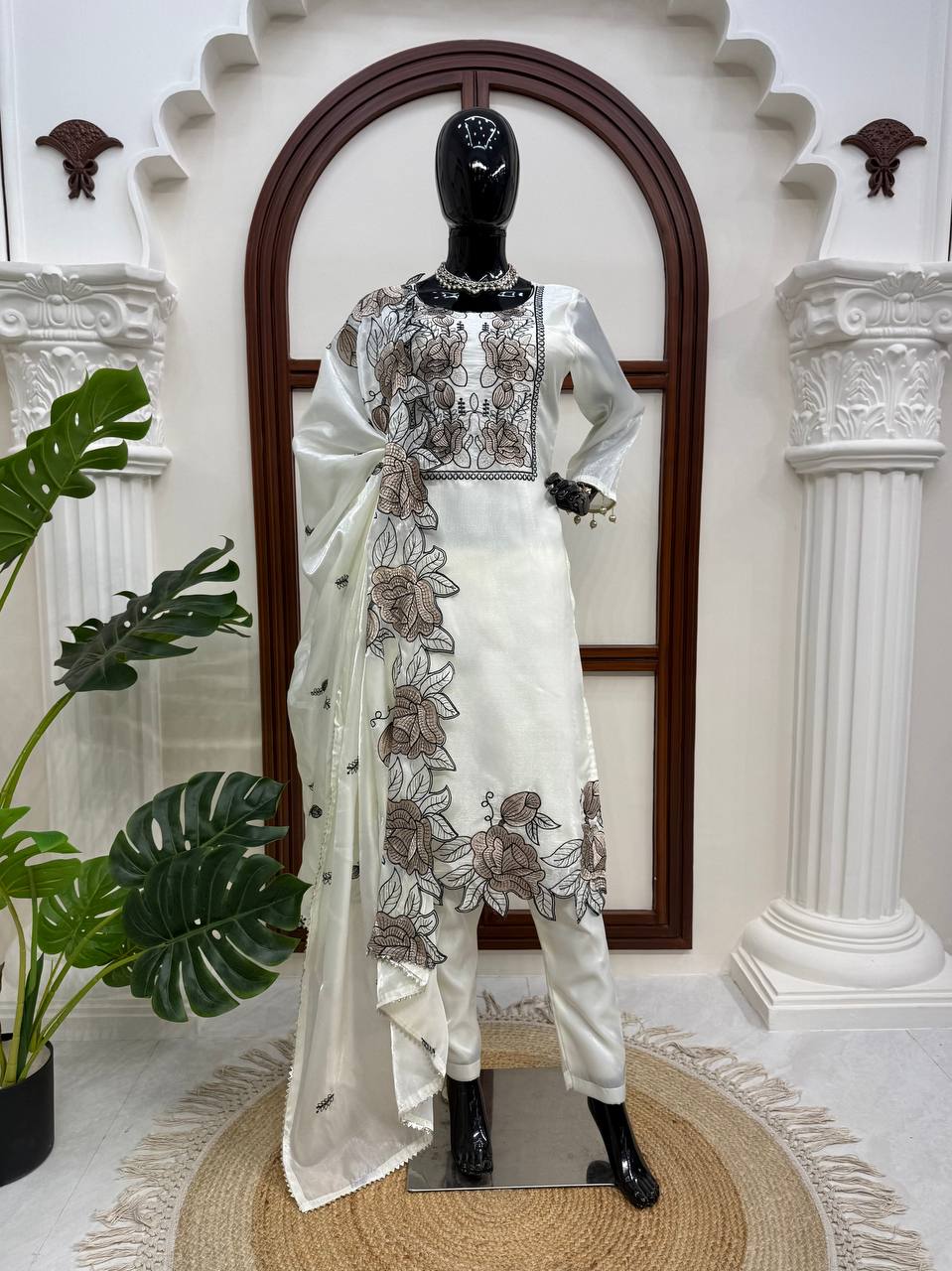 Prazu Fashion Off White Art Silk Thread Work Designer Salwar Suit - Dista