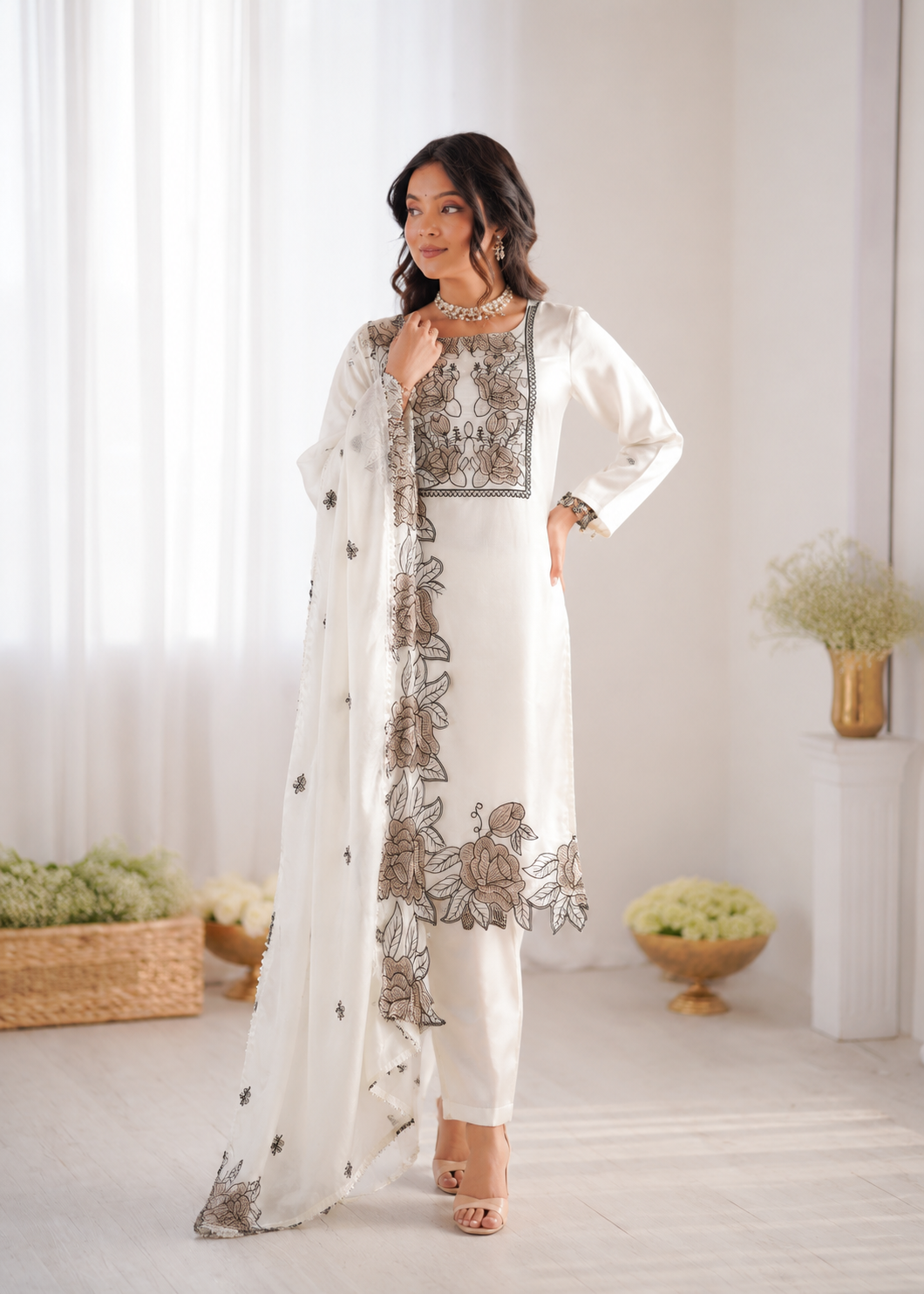 Prazu Fashion Off White Art Silk Thread Work Designer Salwar Suit - Dista
