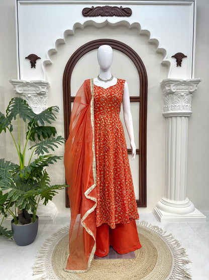 Prazu Fashion Rust Orange Georgette Thread With Sequence Designer Palazzo Suit - Dista