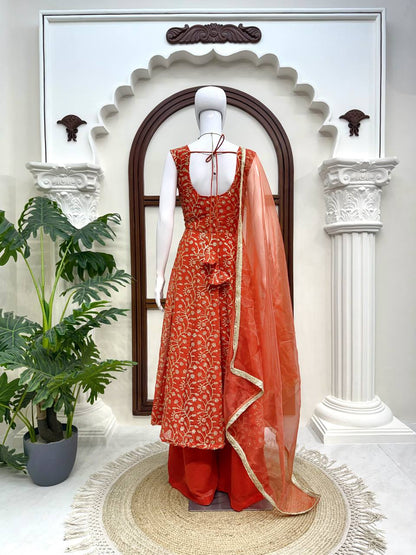Prazu Fashion Rust Orange Georgette Thread With Sequence Designer Palazzo Suit - Dista
