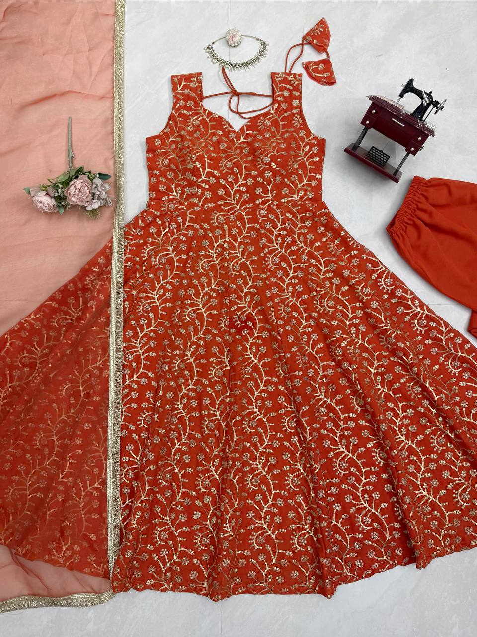 Prazu Fashion Rust Orange Georgette Thread With Sequence Designer Palazzo Suit - Dista