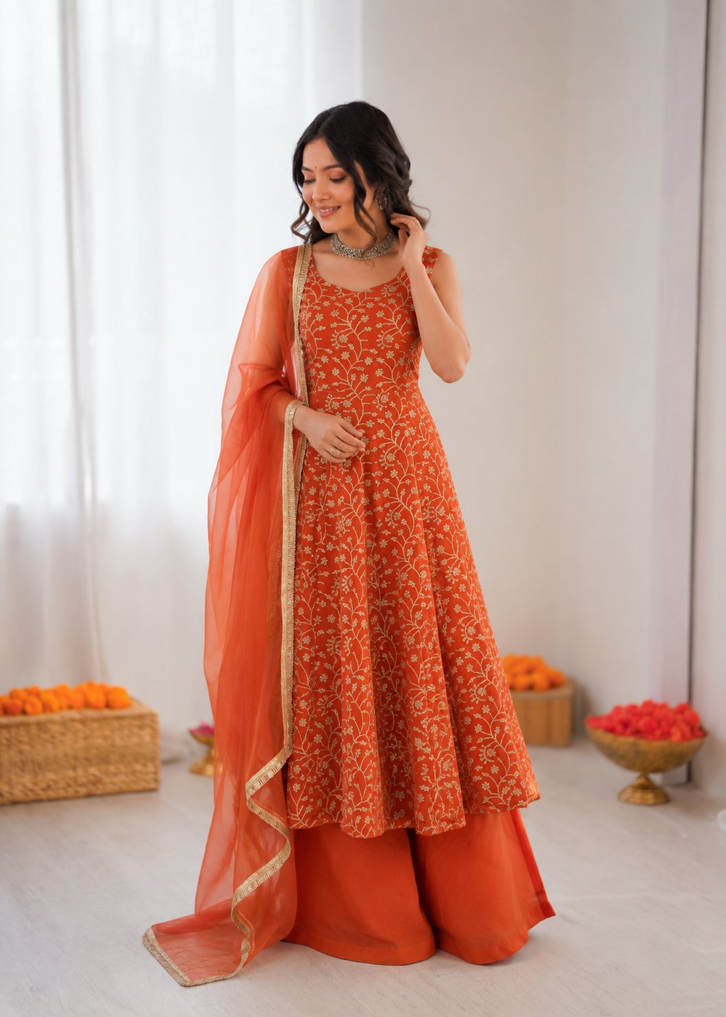 Prazu Fashion Rust Orange Georgette Thread With Sequence Designer Palazzo Suit - Dista