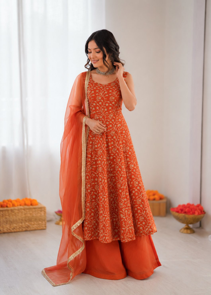Prazu Fashion Rust Orange Georgette Thread With Sequence Designer Palazzo Suit - Dista