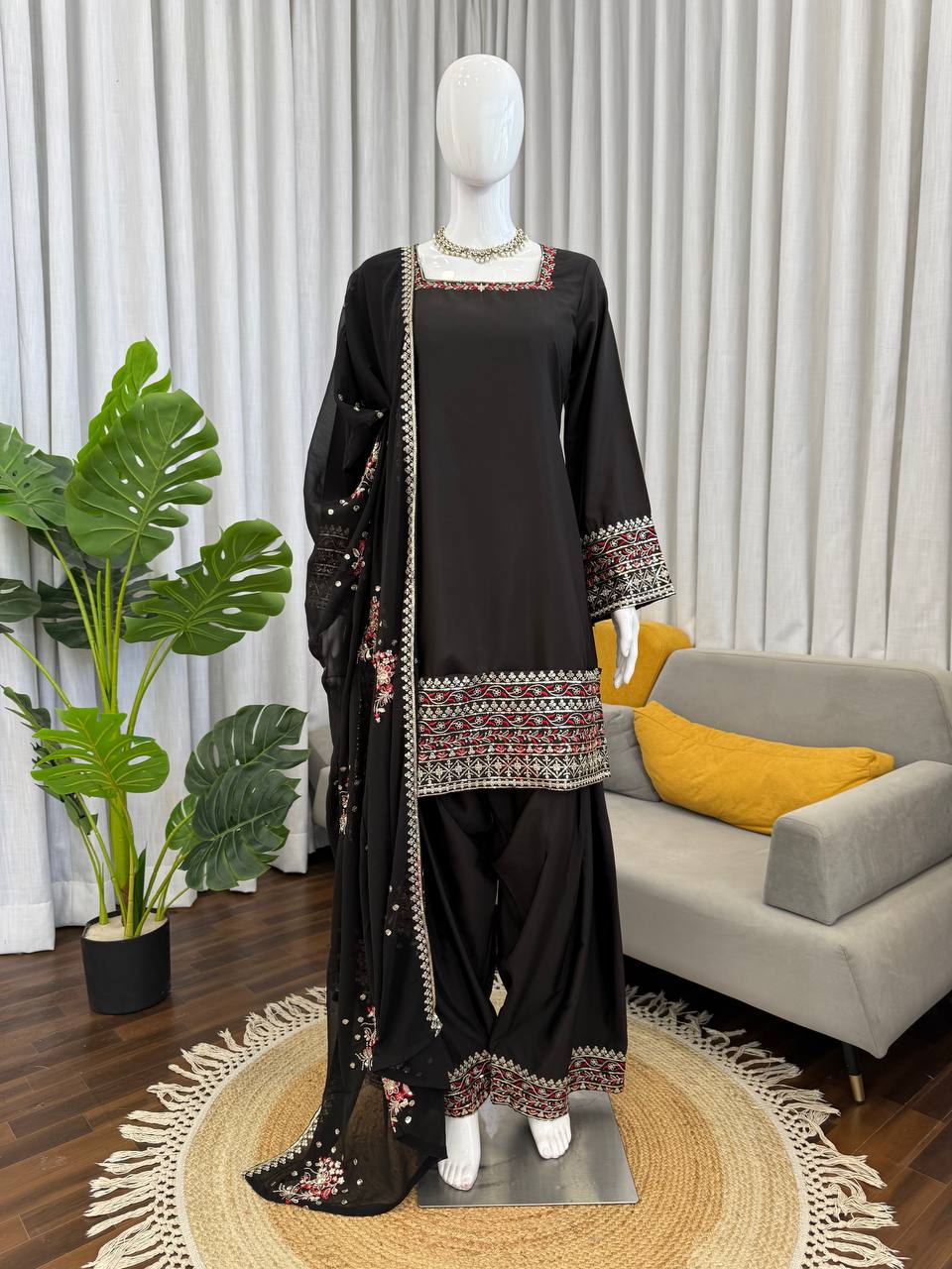 Prazu Fashion Black Crepe Thread With Sequence Designer Farshi Palazzo Suit - Dista
