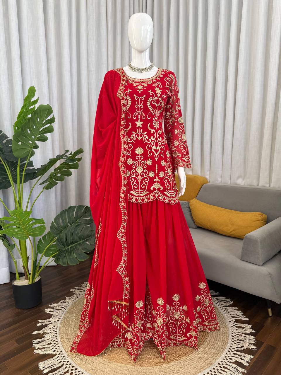 Prazu Fashion Red Georgette Thread Work Designer Sharara Suit - Dista