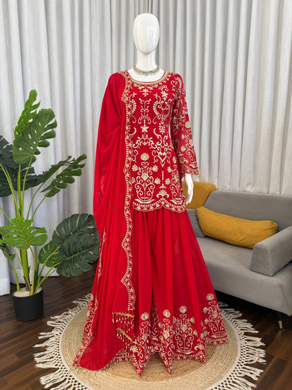 Prazu Fashion Red Georgette Thread Work Designer Sharara Suit - Dista