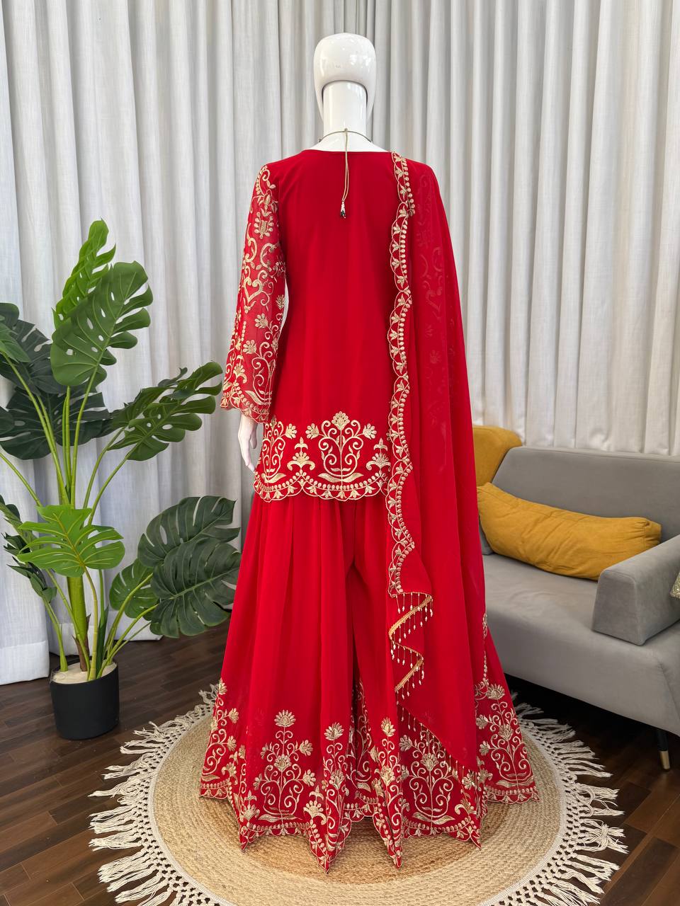 Prazu Fashion Red Georgette Thread Work Designer Sharara Suit - Dista