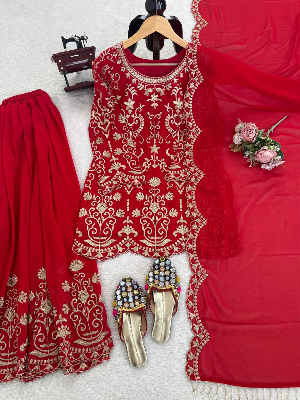 Prazu Fashion Red Georgette Thread Work Designer Sharara Suit - Dista