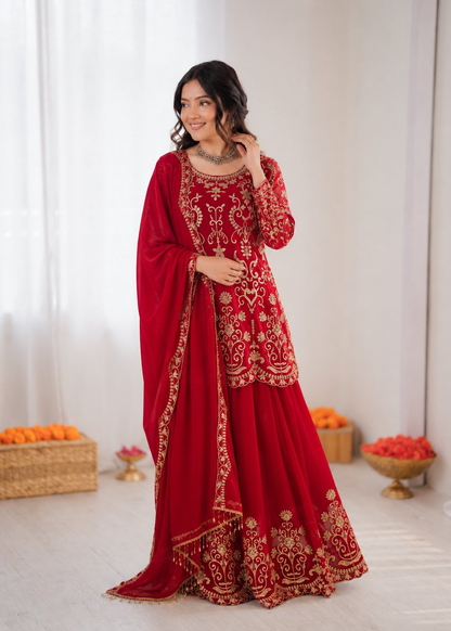 Prazu Fashion Red Georgette Thread Work Designer Sharara Suit - Dista
