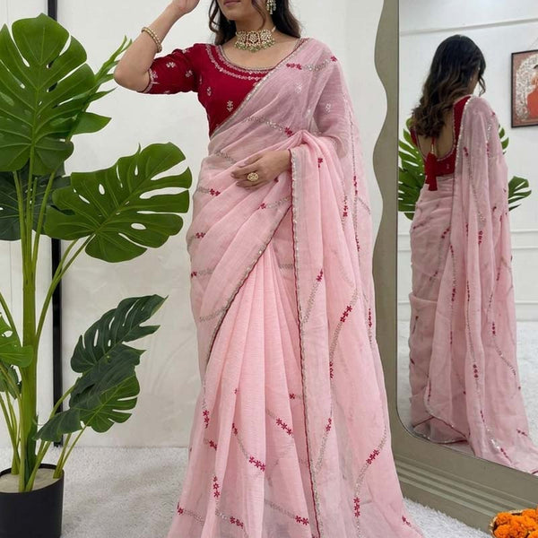 Prazu Fashion Baby Pink Thread Sequence Crunchy Silk Party Wear Saree - Distacart