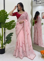 Thumbnail for Prazu Fashion Baby Pink Thread Sequence Crunchy Silk Party Wear Saree - Distacart