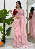 Thumbnail for Prazu Fashion Baby Pink Thread Sequence Crunchy Silk Party Wear Saree - Distacart