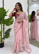 Thumbnail for Prazu Fashion Baby Pink Thread Sequence Crunchy Silk Party Wear Saree - Distacart
