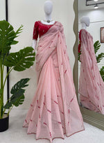 Thumbnail for Prazu Fashion Baby Pink Thread Sequence Crunchy Silk Party Wear Saree - Distacart