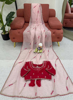 Thumbnail for Prazu Fashion Baby Pink Thread Sequence Crunchy Silk Party Wear Saree - Distacart