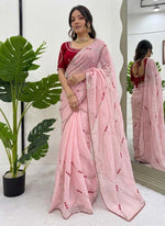 Thumbnail for Prazu Fashion Baby Pink Thread Sequence Crunchy Silk Party Wear Saree - Distacart